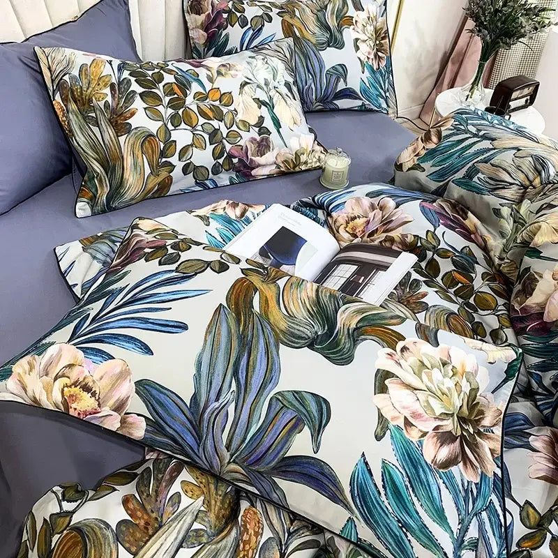 Teal and pink floral duvet cover set bedroom egyptian cotton bedding