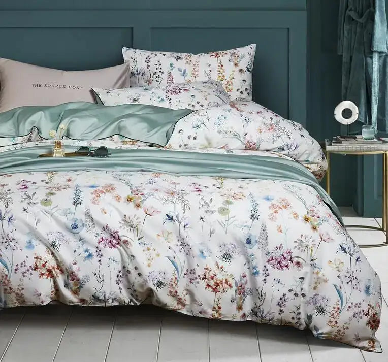 Blue & pink egyptian cotton floral duvet cover bedroom set