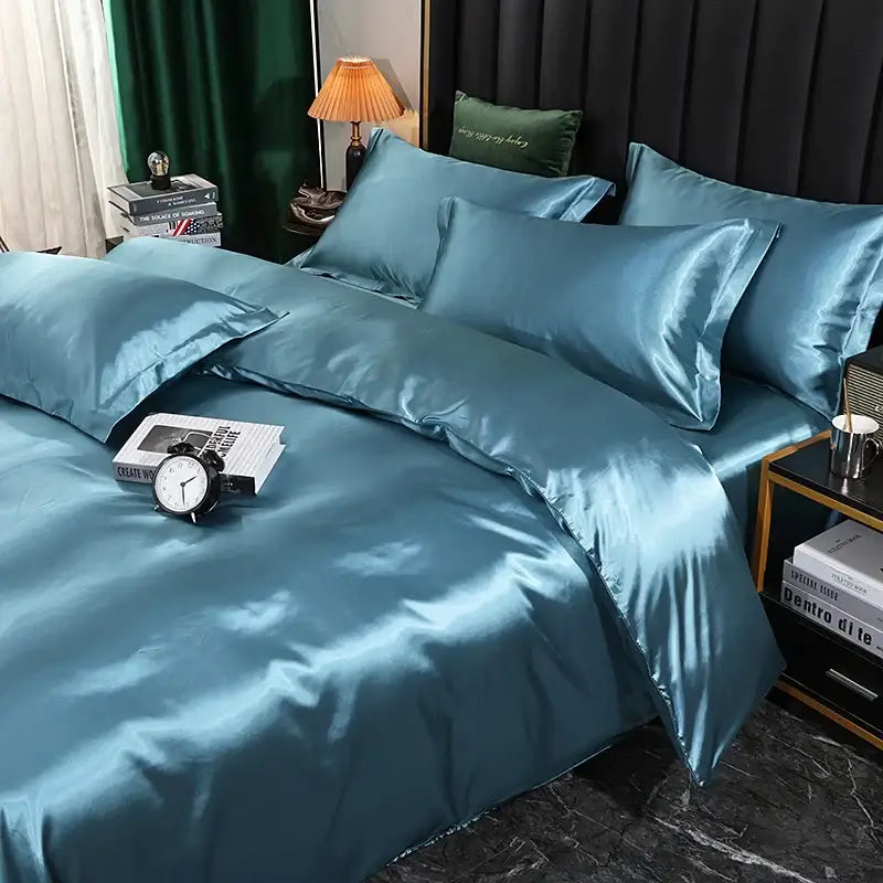 Luxury turquoise satin duvet cover bedroom bedding set