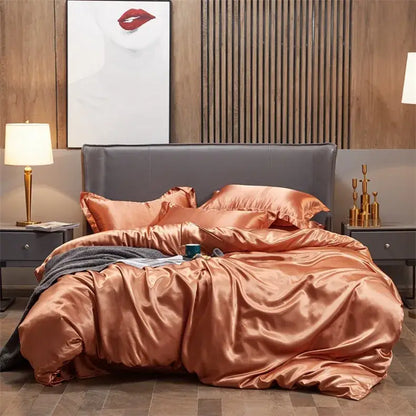 Luxury copper satin solid color bedding set for bedroom 4pcduvet cover