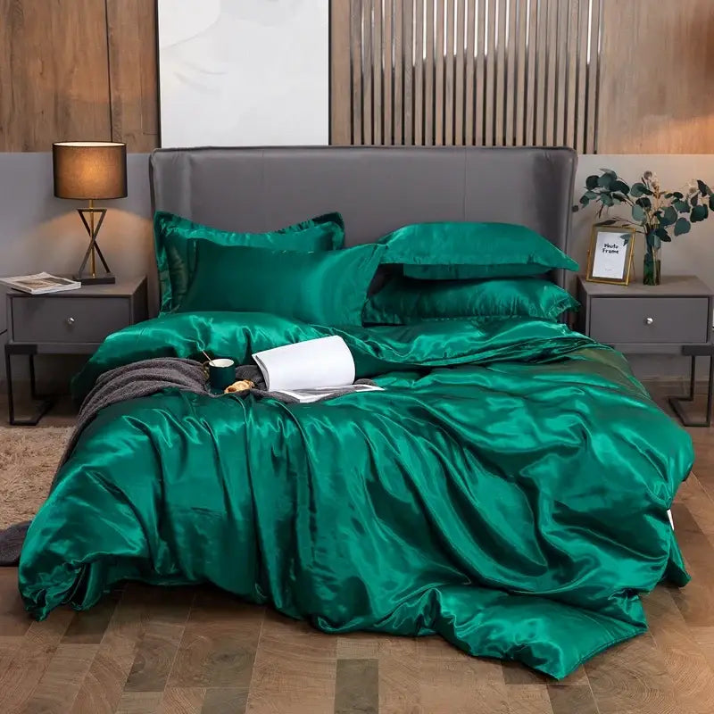 Luxury emerald green satin solid color bedding set with pcduvet cover bedroom