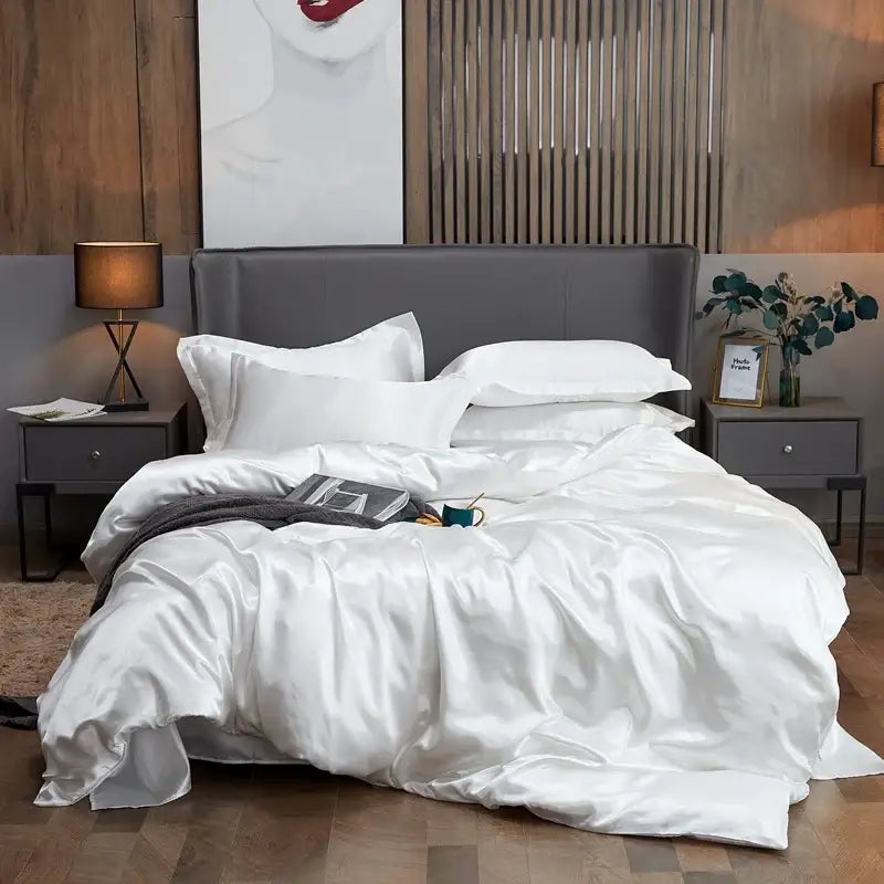 Luxury white satin solid color pcduvet cover bedroom bedding set