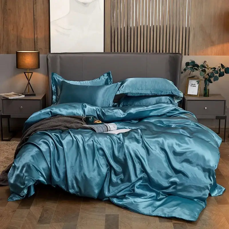 Luxury teal satin solid color bedding set bedroom duvet cover