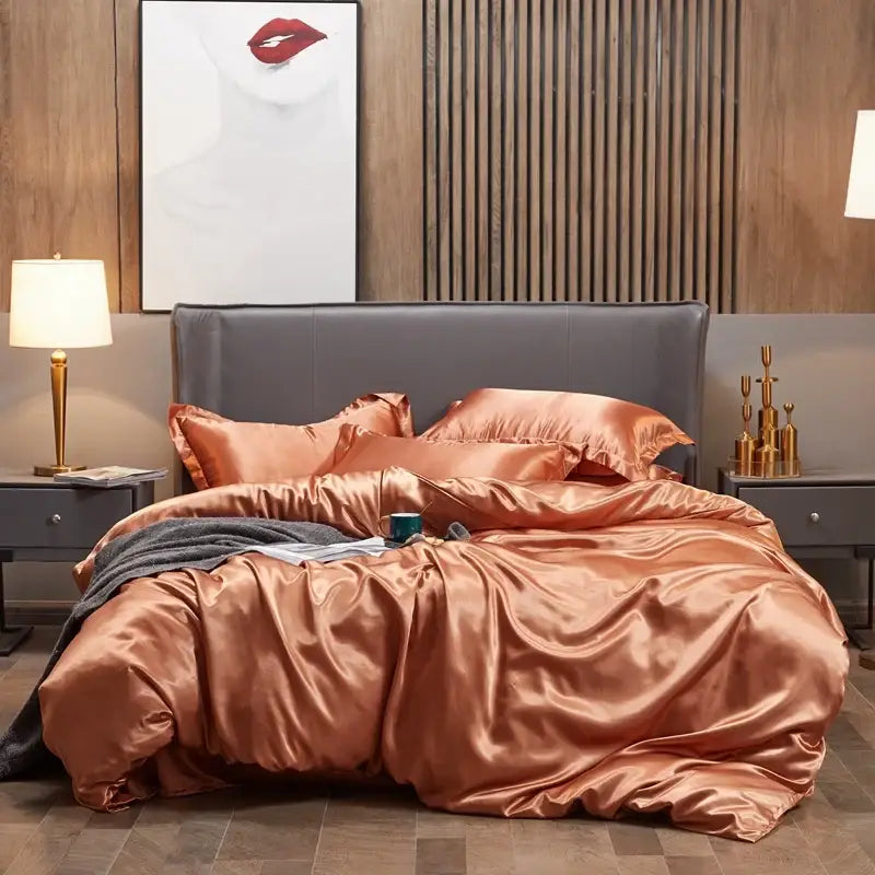 Luxury copper satin solid color bedroom 4pcduvet cover set