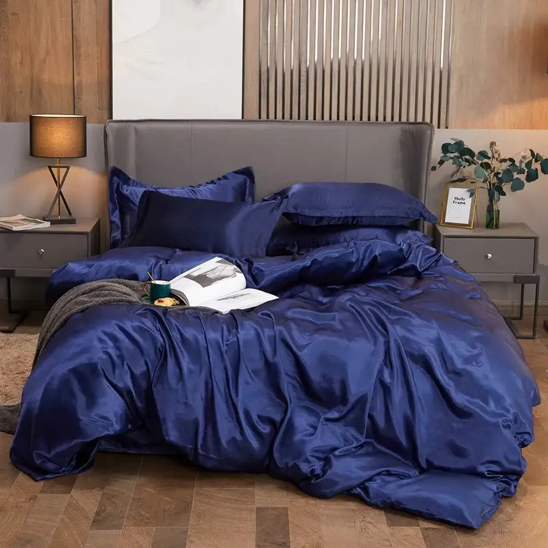 Royal blue luxury satin solid color duvet cover bedroom bedding set