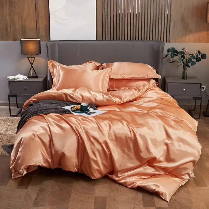 Peach & dark gray satin solid color bedding set bedroom pcduvet cover