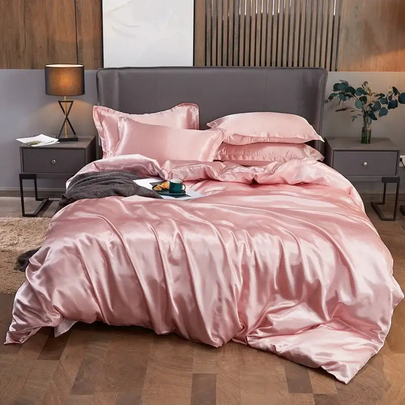 Luxury pink satin solid color bedding set bedroom duvet cover