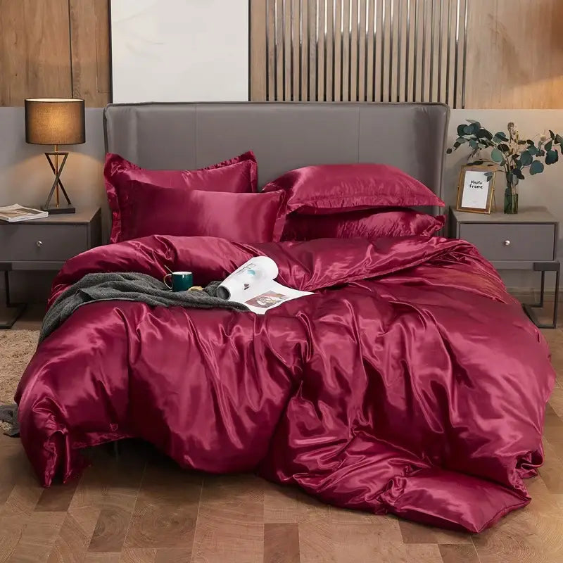 Luxury burgundy satin solid color bedding set bedroom duvet cover