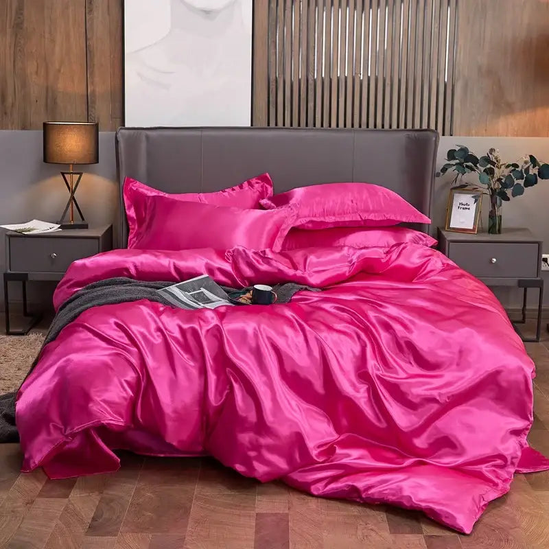 Luxury fuchsia satin solid color bedding set with duvet cover bedroom