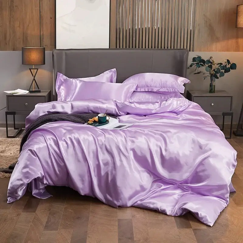 Luxury lavender glossy satin 4pc duvet cover bedding set bedroom