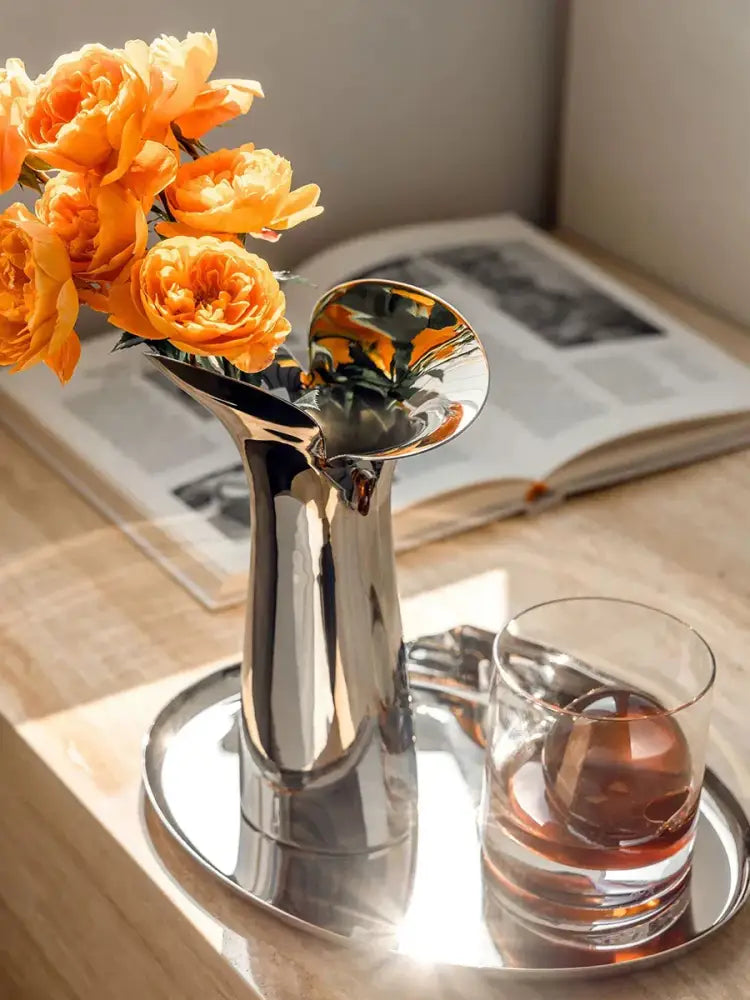 Modern sculptural silver stainless steel vase living room decor