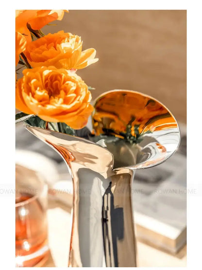 Modern sculptural silver stainless steel vase living room decor