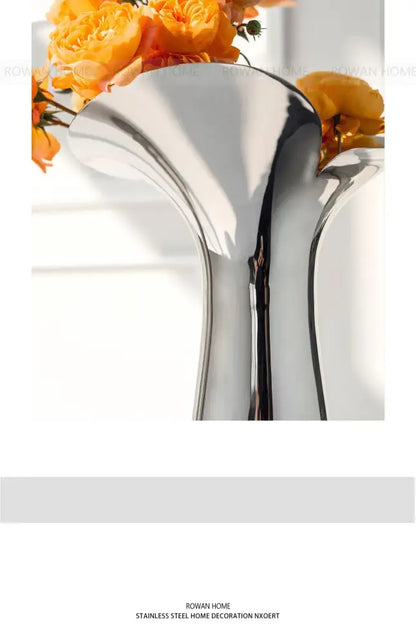 Modern sculptural silver stainless steel vase living room decor