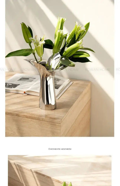 Modern sculptural silver stainless steel vase living room decor