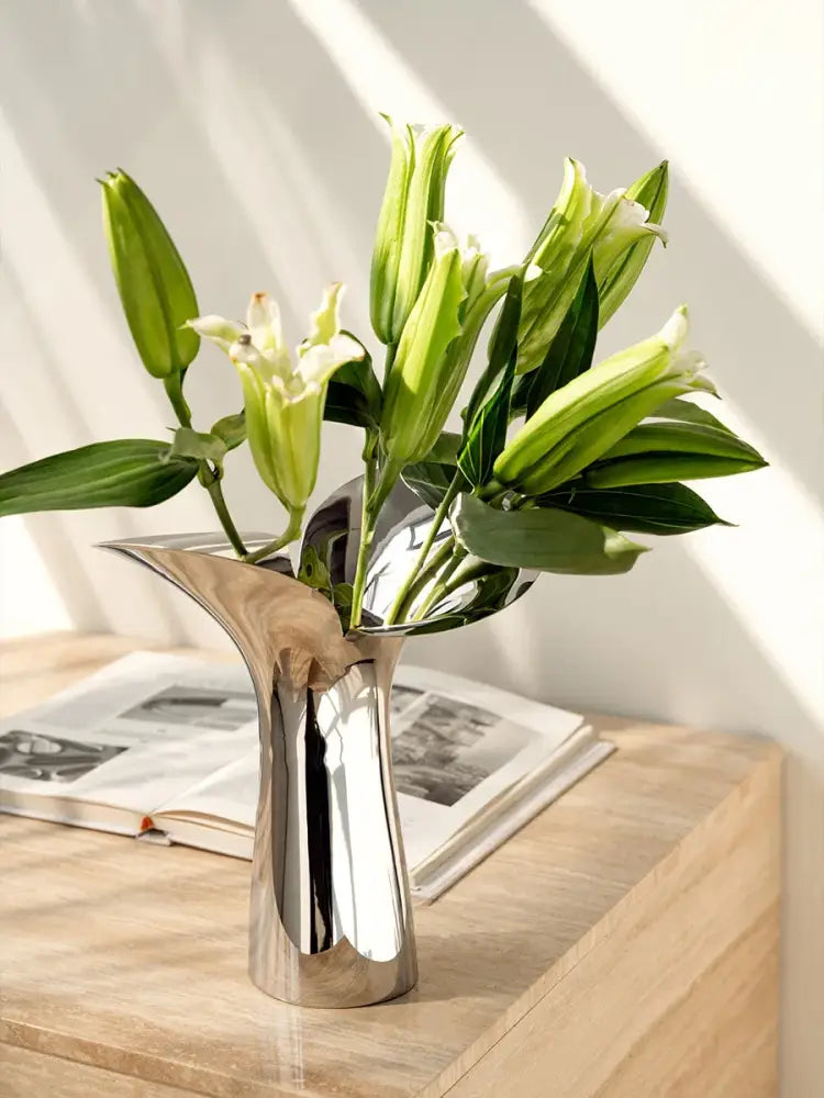 Modern sculptural silver stainless steel vase living room decor