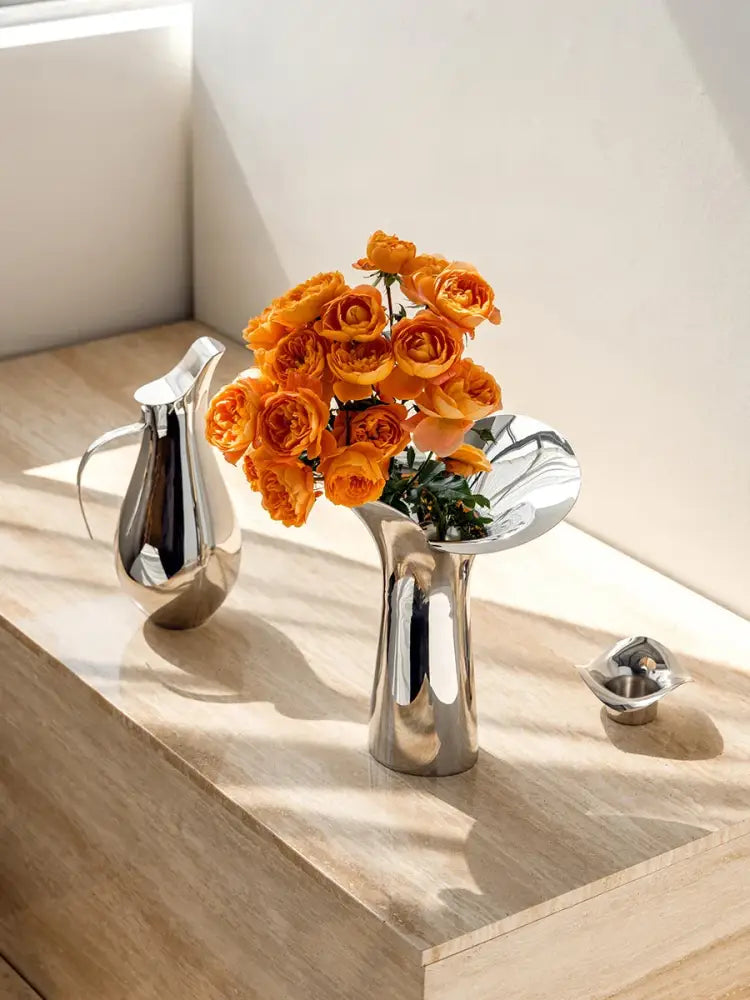 Modern sculptural silver stainless steel vase living room decor