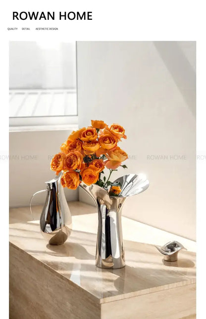 Modern sculptural silver stainless steel vase living room decor