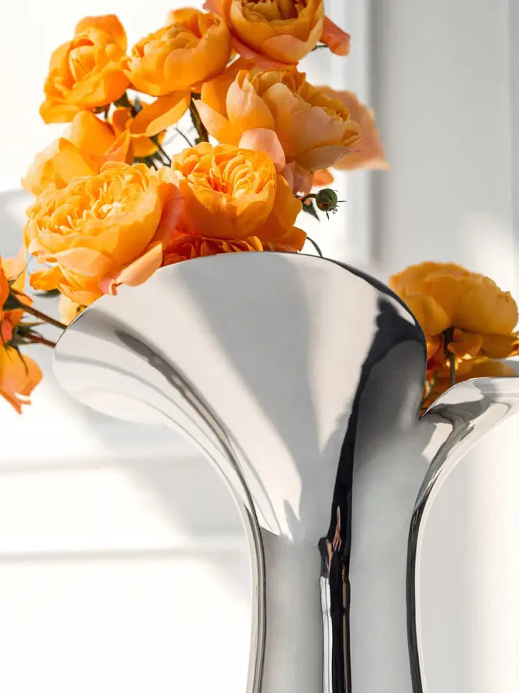 Modern sculptural silver stainless steel vase living room decor
