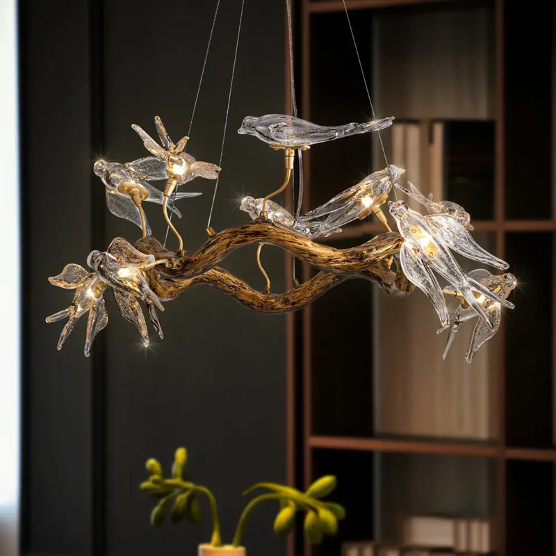Vintage gold glass bird chandelier dining room dragonfly branch light
