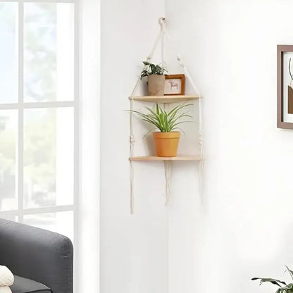 Boho beige 3 tier macrame wall hanging corner shelf bedroom decor