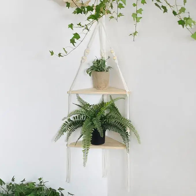 Boho beige 3 tier macrame wall hanging corner shelf bedroom decor