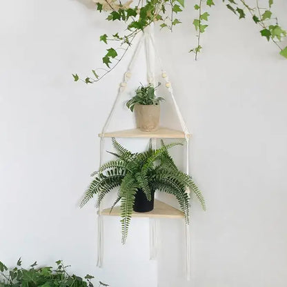 Boho beige 3 tier macrame wall hanging corner shelf bedroom decor