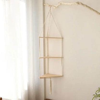 Boho beige 3 tier macrame wall hanging corner shelf bedroom decor