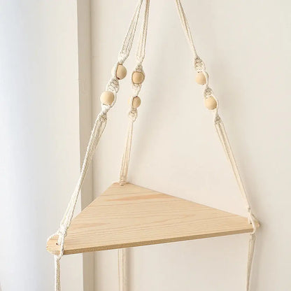 Boho beige 3 tier macrame wall hanging corner shelf bedroom decor