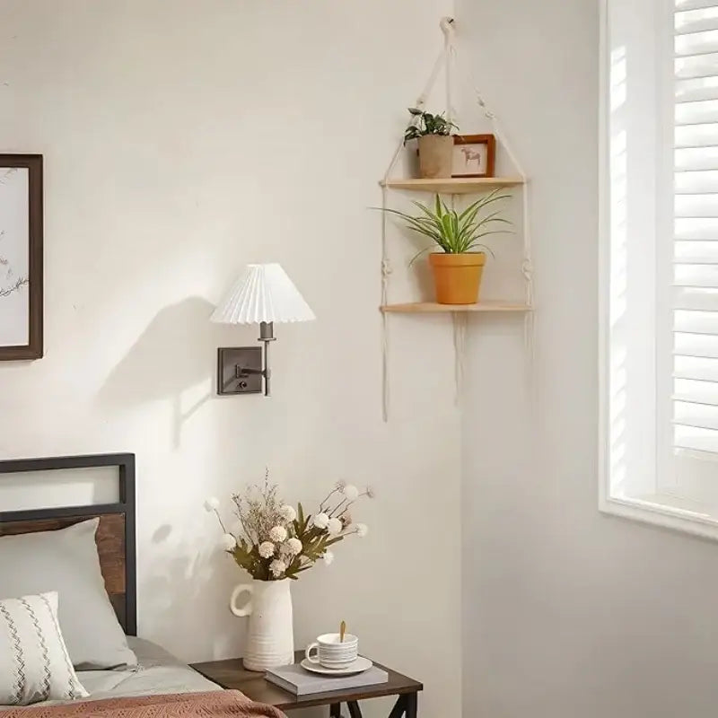 Boho beige 3 tier macrame wall hanging corner shelf bedroom decor