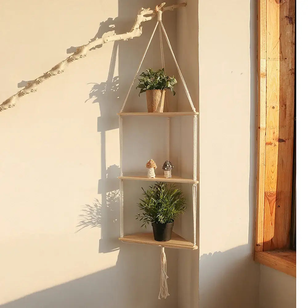 Boho beige 3 tier macrame wall hanging corner shelf bedroom decor