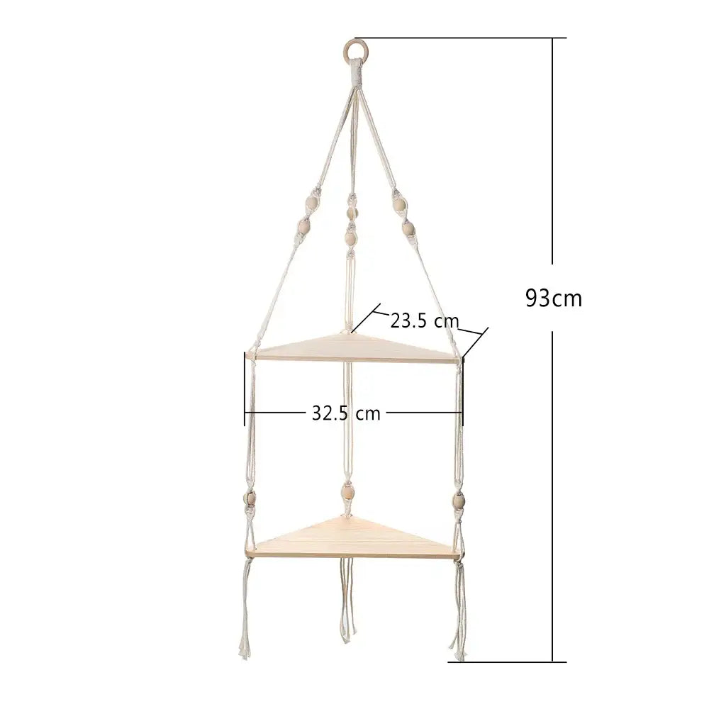 Boho beige 3 tier macrame wall hanging corner shelf bedroom decor