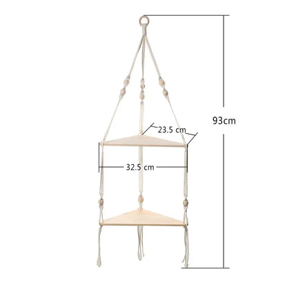Boho beige 3 tier macrame wall hanging corner shelf bedroom decor
