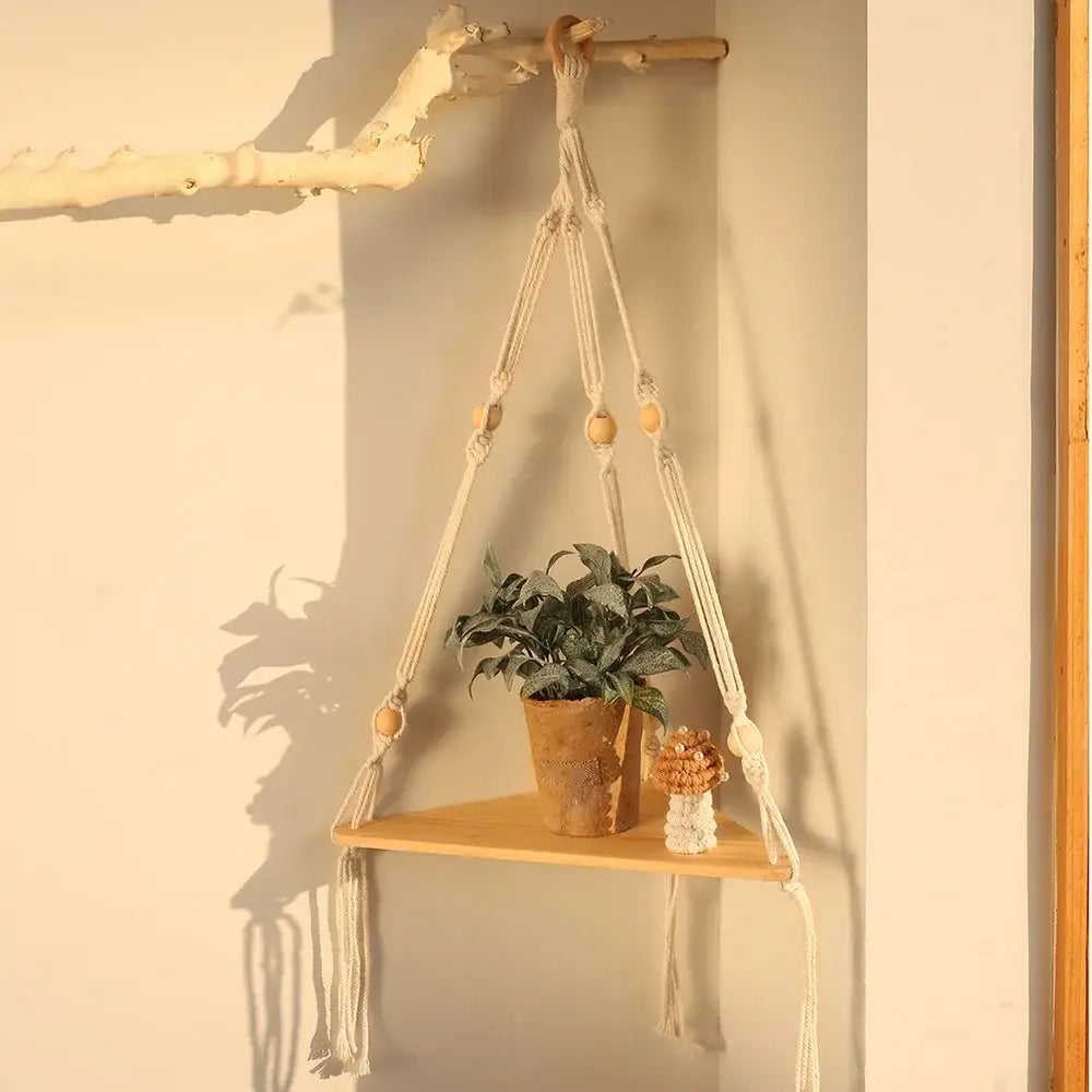 Boho beige 3 tier macrame wall hanging corner shelf bedroom decor