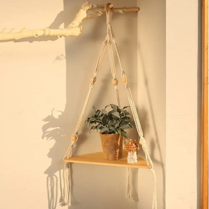 Boho beige 3 tier macrame wall hanging corner shelf bedroom decor