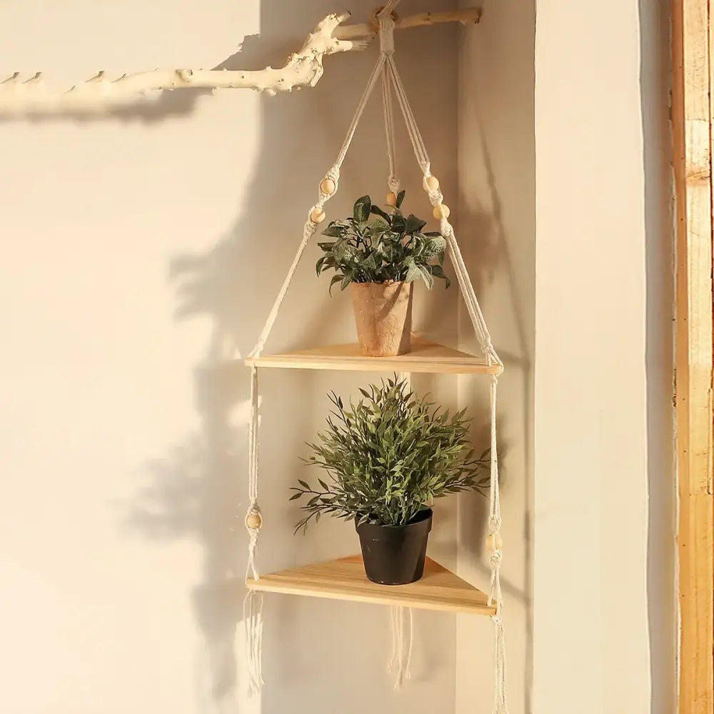 Boho beige 3 tier macrame wall hanging corner shelf bedroom decor