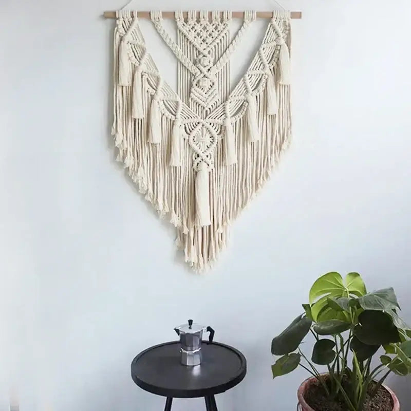 Chic bohemian cream macrame wall hanging bedroom woven decor