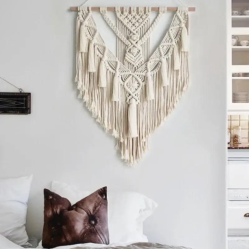 Chic bohemian cream macrame wall hanging bedroom woven decor