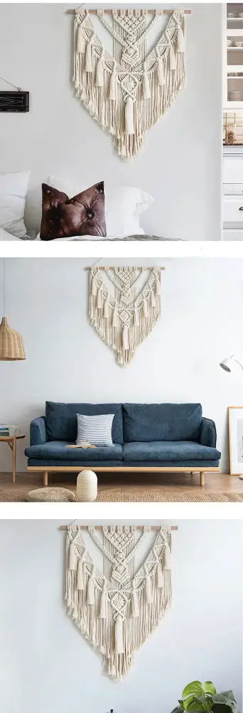 Chic bohemian cream macrame wall hanging bedroom woven decor