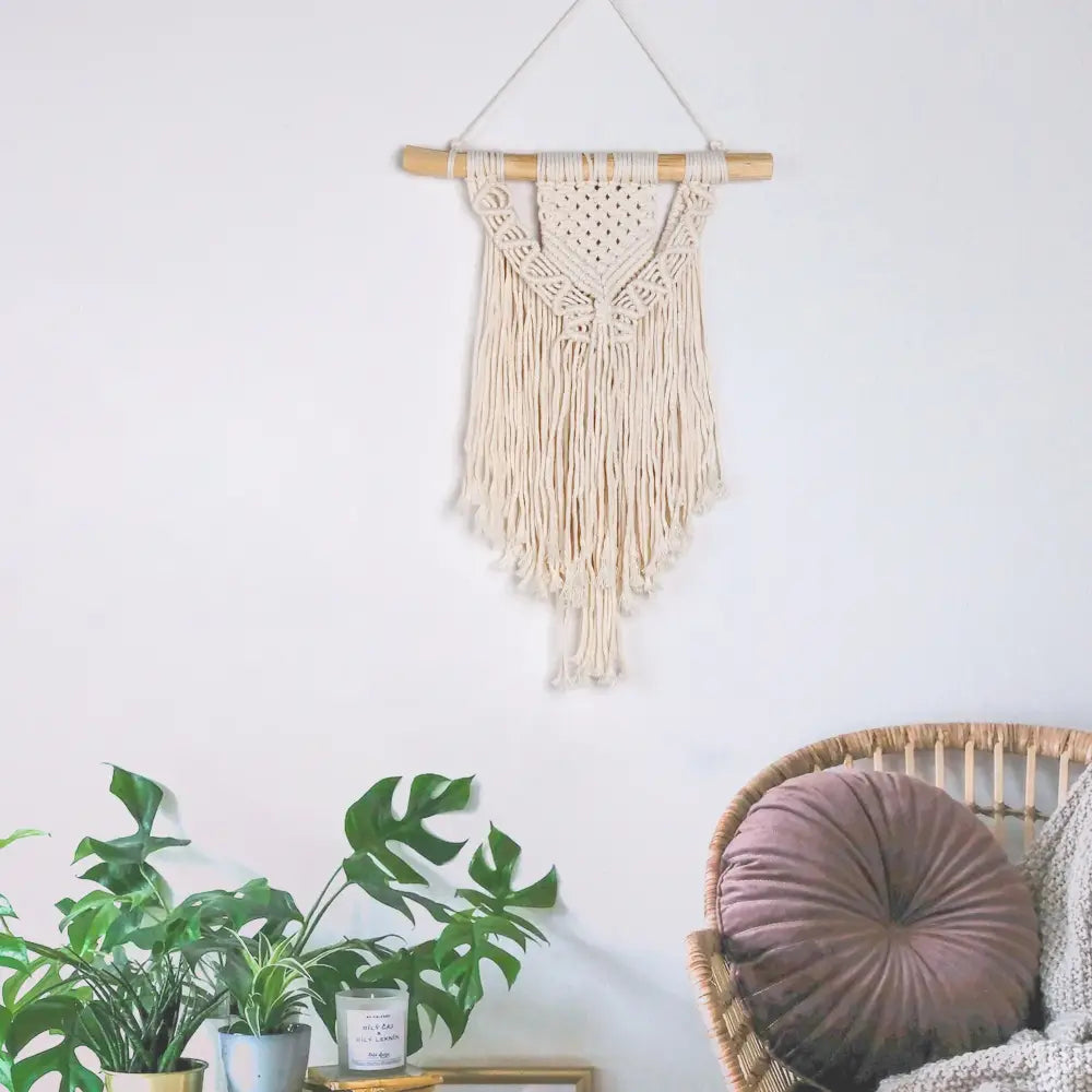 Chic bohemian cream macrame wall hanging bedroom woven decor
