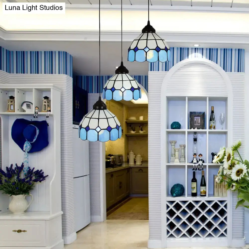 Mediterranean cut glass blue & white bowl hanging light bedroom