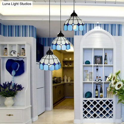 Mediterranean cut glass blue & white bowl hanging light bedroom