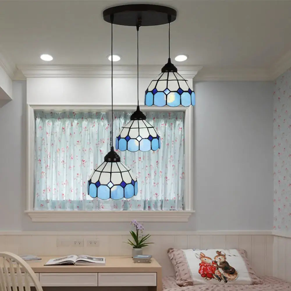 Mediterranean cut glass blue & white bowl hanging light bedroom