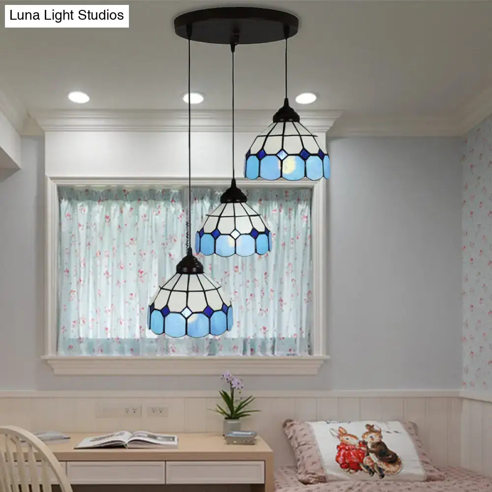 Mediterranean cut glass blue & white bowl hanging light bedroom