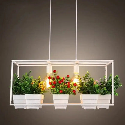 Modern black metal rectangle light fixture with artificial bonsai dining room pendant