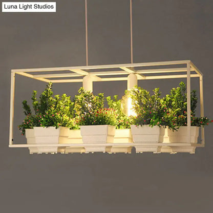Modern black metal rectangle light fixture with artificial bonsai dining room pendant