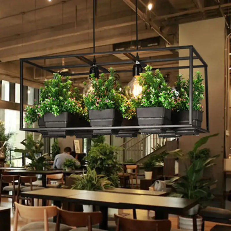 Modern black metal rectangle light fixture with artificial bonsai dining room pendant