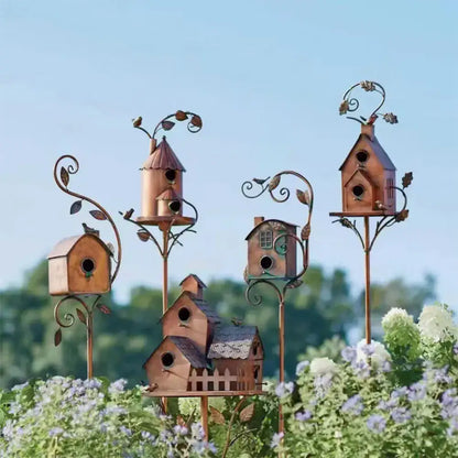 Ornate copper birdhouse garden stakes outdoor decor