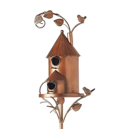 Ornate copper birdhouse garden stakes outdoor decor