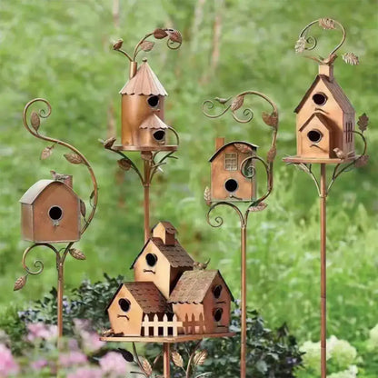 Ornate copper birdhouse garden stakes outdoor decor