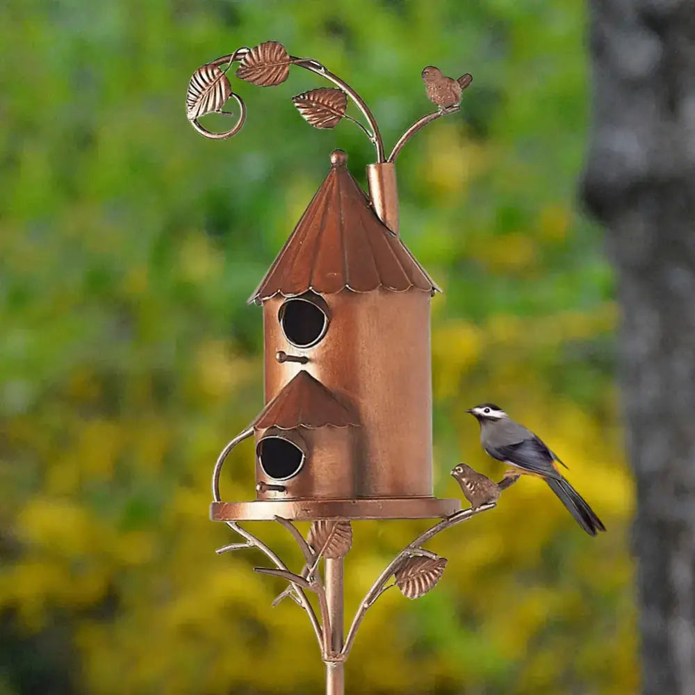 Ornate copper birdhouse garden stakes outdoor decor